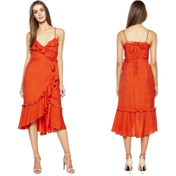 Bardot Zoe Ruffle Faux Wrap Ruffle Trim Dress - Orange - Picture 2 of 11